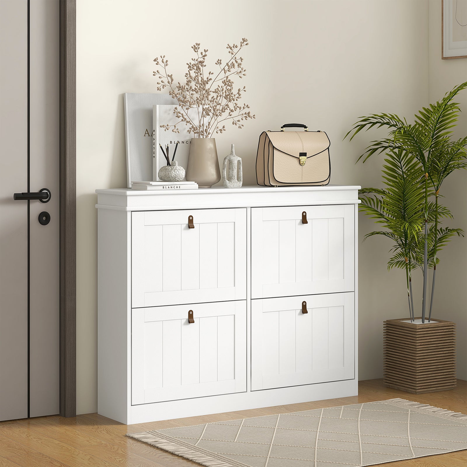 Slim Shoe Cabinet, Shoe Cabinet with 4 Drop-Down Drawers, 105W x 24D x