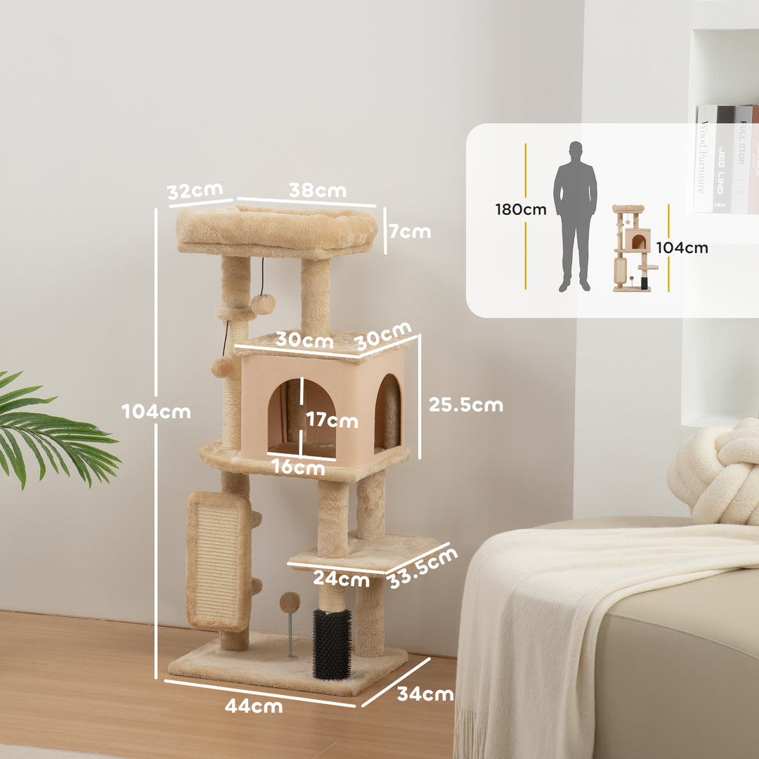 MCL 132cm Cat Tree w/ Scratching Posts, Pad, Cat Bed, Cat House, Jumping Platform, Grooming Brush, Anti-Tip Kit, Beige