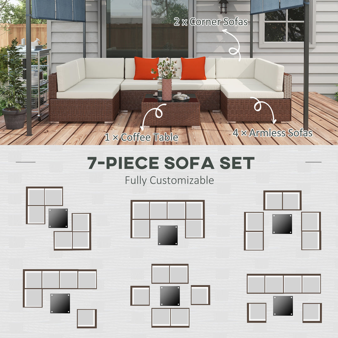 Seven-Piece Rattan Garden Set, with Glass-Top Table - Brown/Beige