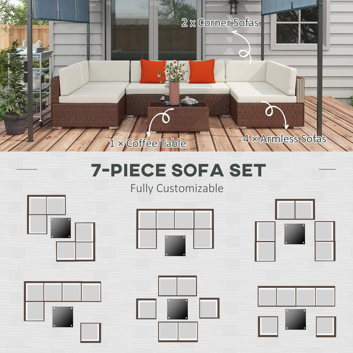 Seven-Piece Rattan Garden Set, with Glass-Top Table - Brown/Beige