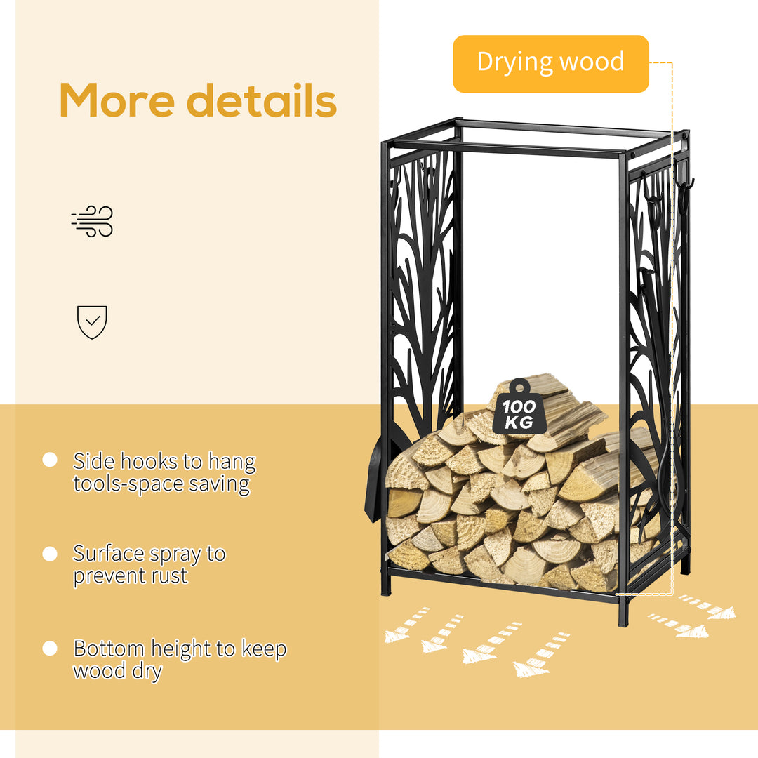 Steel Firewood Log Holder Indoor Outdoor Firewood Rack Fireplace Wood Storage Shelf with 4 Tools, Hooks, Tree Pattern Design, Rust-Resistant, Black, 46W x 30D x 70H cm
