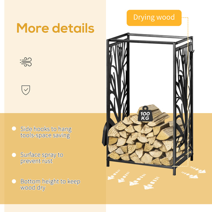 Steel Firewood Log Holder Indoor Outdoor Firewood Rack Fireplace Wood Storage Shelf with 4 Tools, Hooks, Tree Pattern Design, Rust-Resistant, Black, 46W x 30D x 70H cm