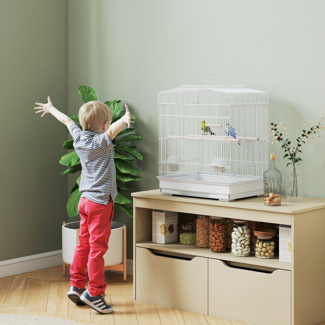 Large Metal Bird Cage with Perches, Food Bowls, Swing, for Budgies, Parakeets, White