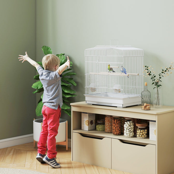 Large Metal Bird Cage with Perches, Food Bowls, Swing, for Budgies, Parakeets, White