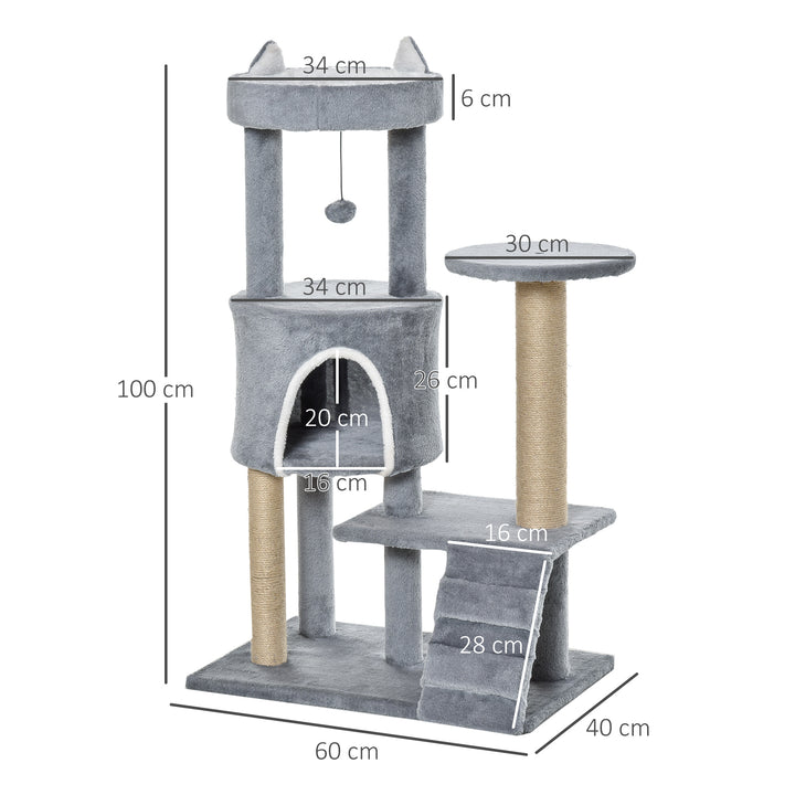 PawHut 100cm Cat Tree Tower Condo Multi Platform Kitty Cat Center with Climbing Ladder Scratching Post Hanging Toy Ball, Light Grey | Aosom UK