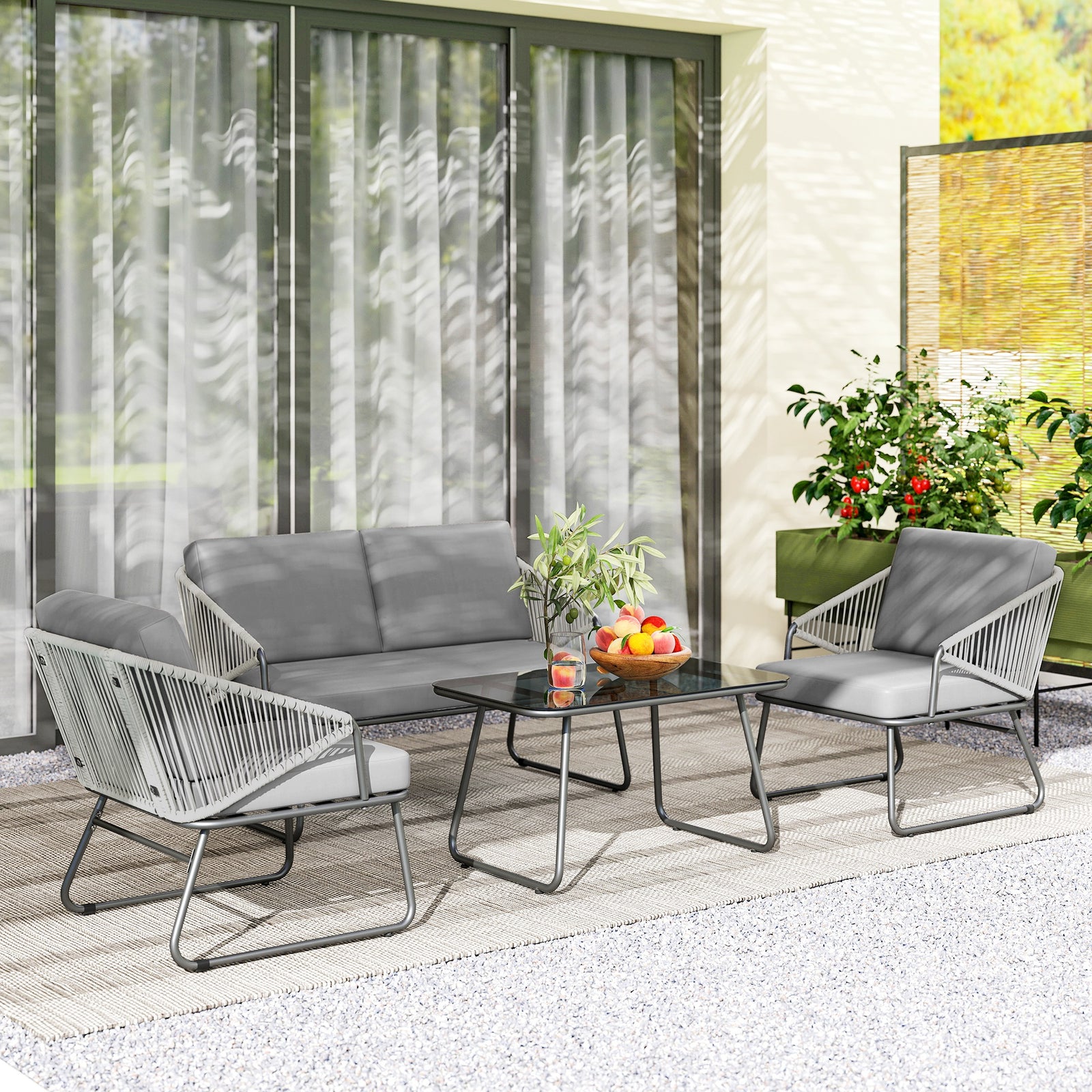Four-Piece Rattan Strong Panel Outdoor Sofa Set - Grey