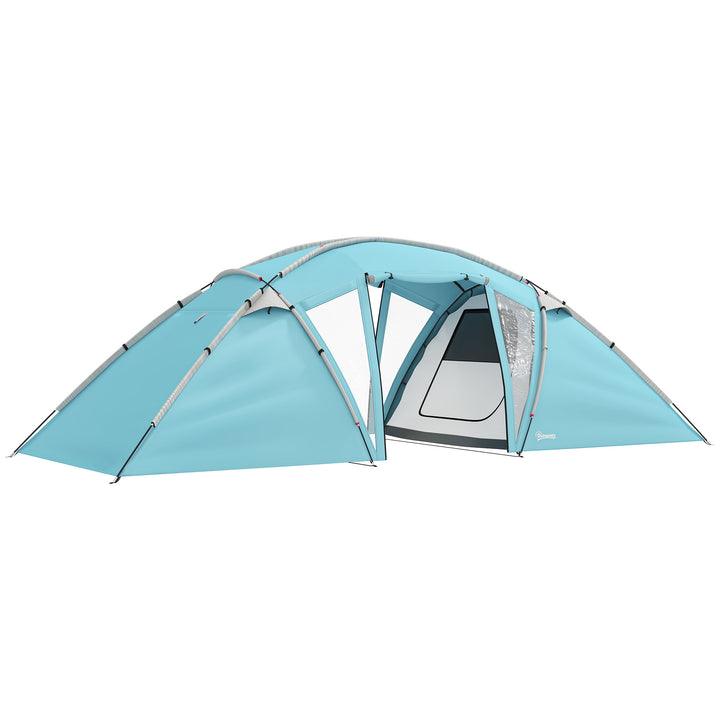 4-6 Man Family Camping Tent w/ 2 Bedrooms and a Living Room, Waterproof Tunnel Tent w/ Sewn In Groundsheet, Doors, Windows, Carry Bag, Blue