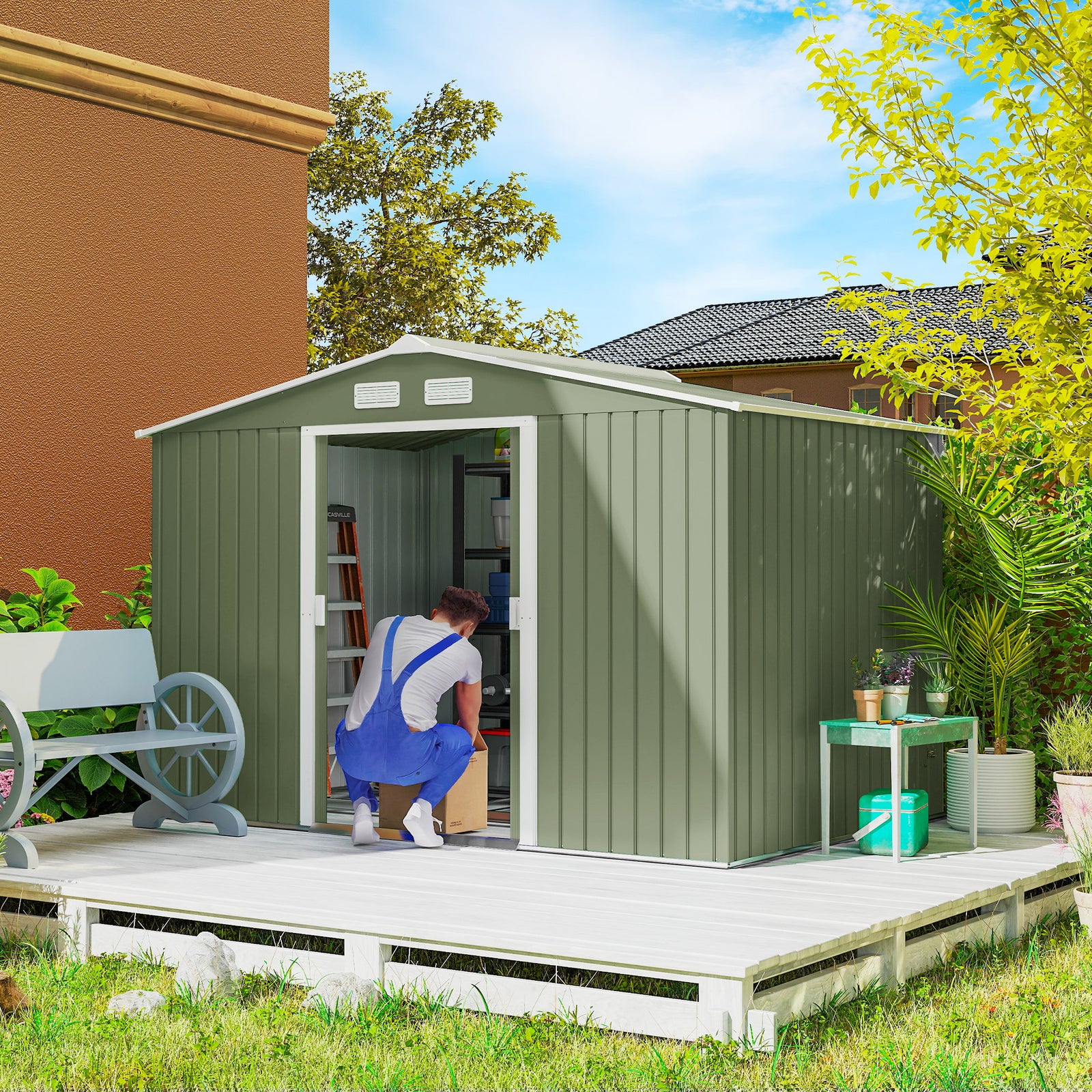 9 x 6ft Metal Garden Shed, Outdoor Storage Tool House with Ventilation Slots, Foundation Kit and Lockable Double Doors, Light Green