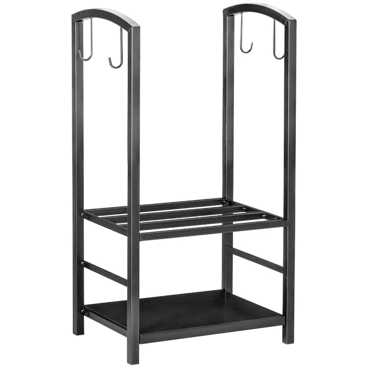 MCL Metal Firewood Log Holder 2 Layer Firewood Rack Indoor Outdoor Fireplace Wood Storage Shelf with 4 Tools and Hooks, Black, 40L x 30W x 74.5H cm