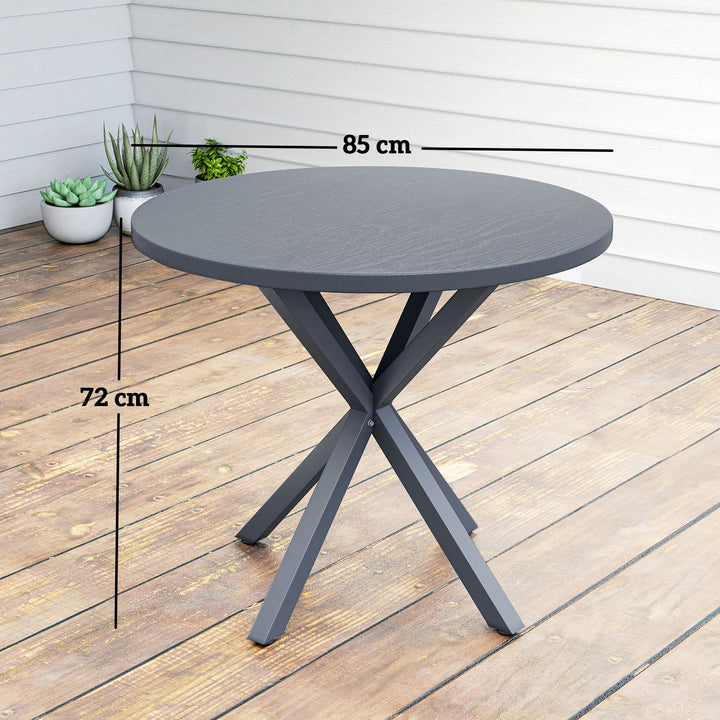 Garden Table, 85cm Round Outdoor Dining Table with Steel Frame, Wood Effect Top, for Balcony, Deck, Dark Grey