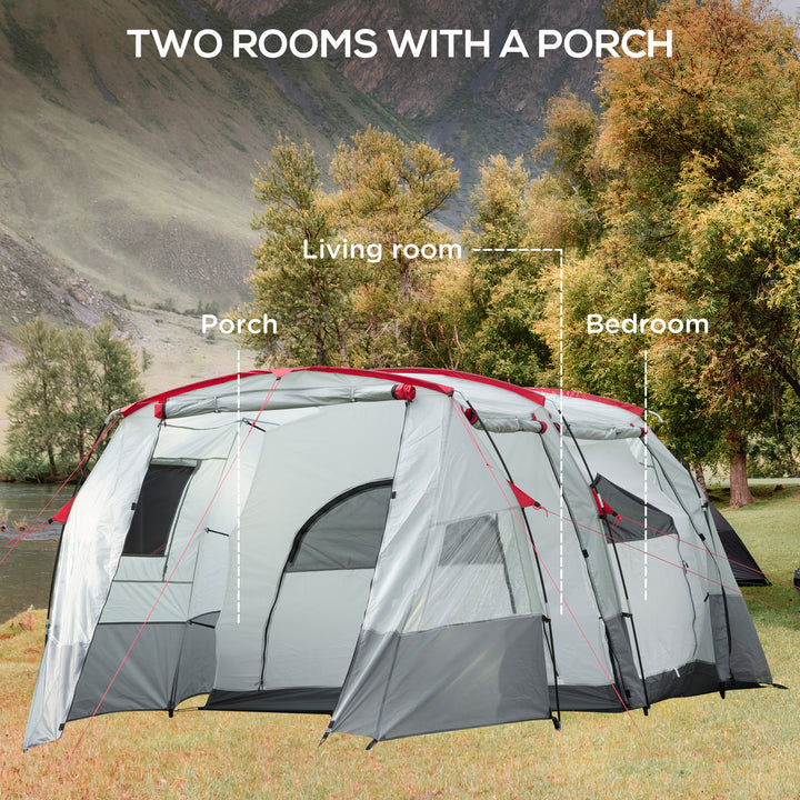 6-8 Person Tunnel Tent, Camping Tent with Bedroom, Living Room, Sewn-in Floor, 3 Doors and Carry Bag, 2000mm Water Column for Fishing, Hiking, Sports, and Traveling, Grey