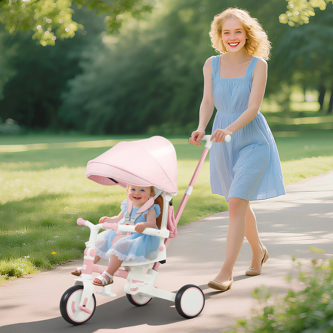 AIYAPLAY 5 in 1 Kids Trike with Adjustable Backrest, Toddler Tricycle with Push Handlebar, Adjustable Backrest