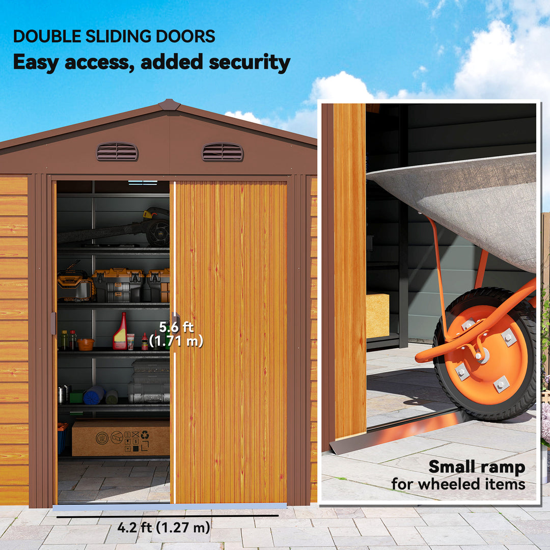 MCL 9 x 6ft Metal Garden Shed, House Hut Gardening Tool Storage with Ventilations, Sliding Door, Sloped Roof for Garden, Patio, Brown