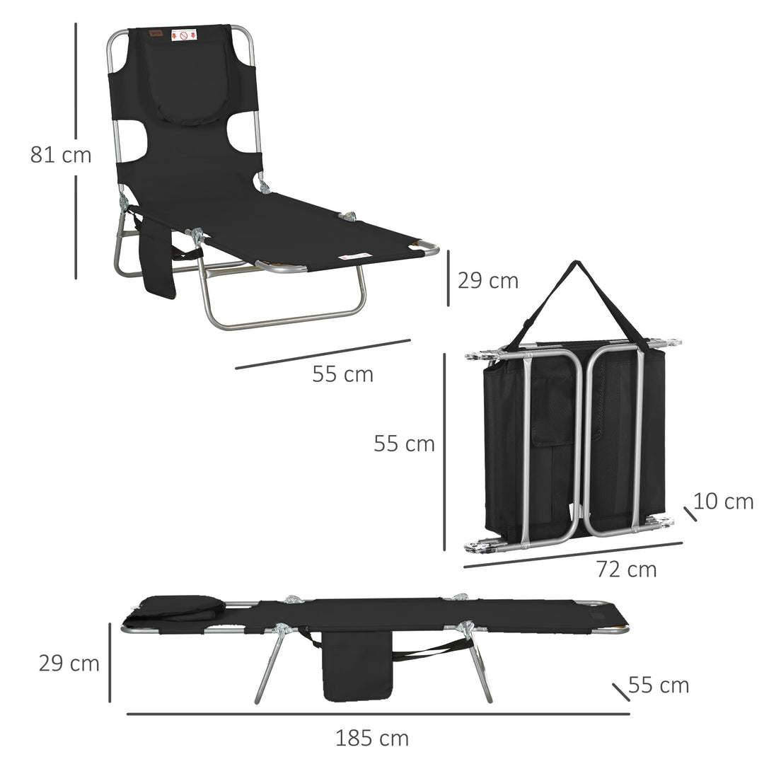Foldable Sun Lounger, Beach Chaise Lounge with Reading Hole, Arm Slots, 5-Position Adjustable Backrest, Side Pocket, Pillow for Garden, Beach, Pool, Black