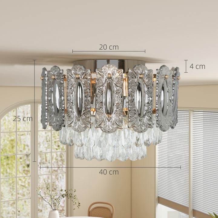 MCL Chandelier Ceiling Light, 3-Light Vintage Flush Mount Fixture with Dual Crystal and Smoke Glass Shade, LED Ceiling Light for Living Room Bedroom, 3 E27 Sockets, Bulbs Not Included, Gold Tone