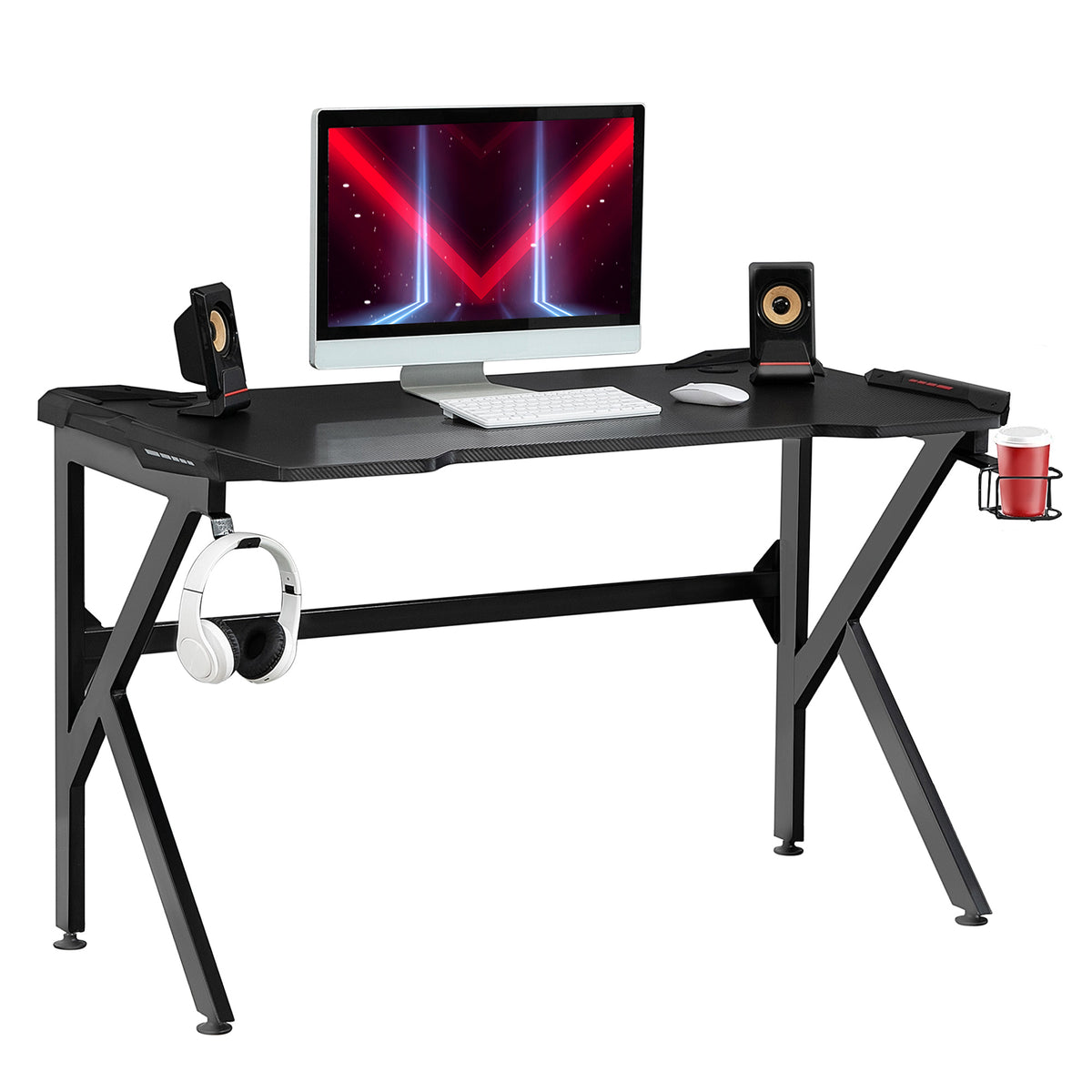 Gaming desk with Cup Holder Headphone Hook Feet Adjustable 120 x 66 x