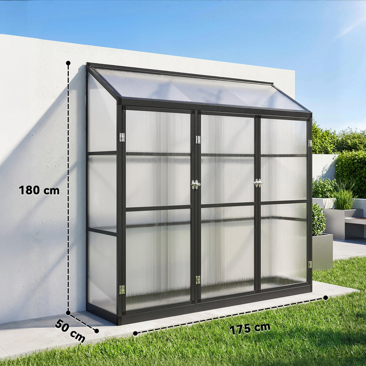 Polycarbonate Greenhouse with 3 Hinged Doors, Top Vent, Lean-to Green 