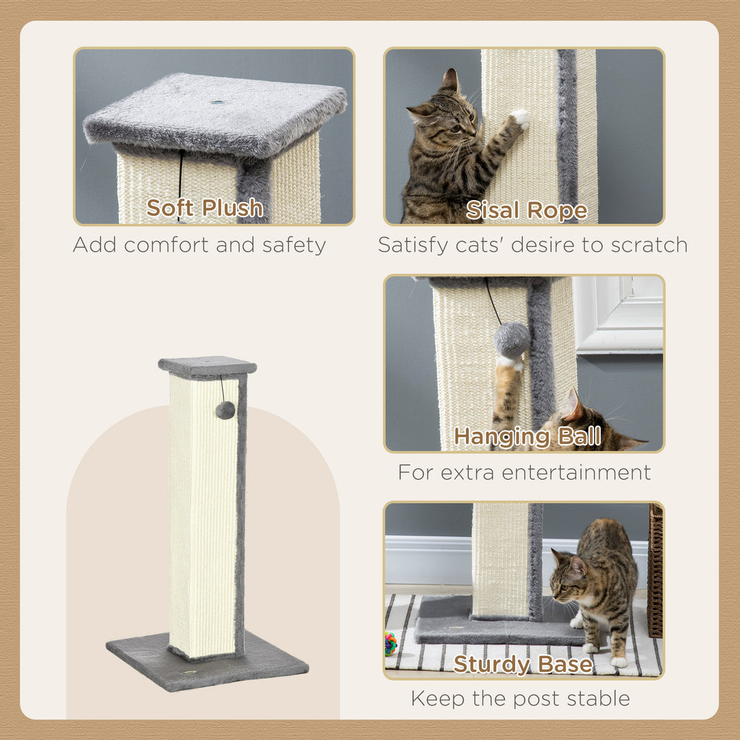 81cm Cat Scratcher, Vertical Full Scratcher w/ Natural Sisal Rope, Hanging Ball, Soft Plush - Grey