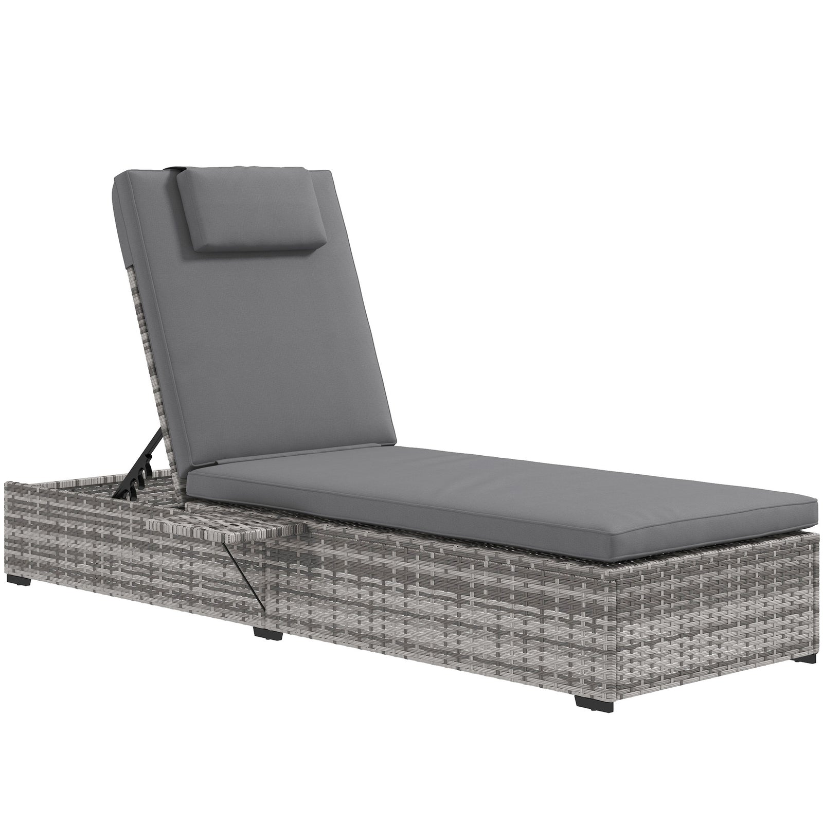Outdoor Patio PE Rattan Lounger with Cushion, 5-Level Reclining Wicker Rattan Sun Lounger with Tea Tray, for Poolside, Patio, Deck, 120kg Weight Capacity, Grey