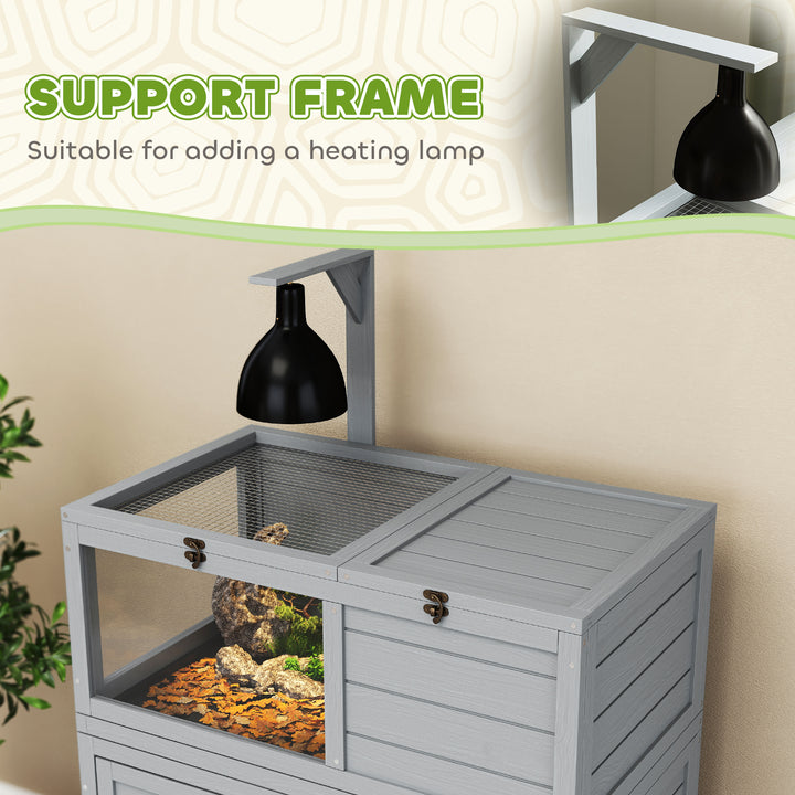 Wooden Tortoise House with Storage Cabinet, Openable Top, Lamp Holder, Windows, Light Grey