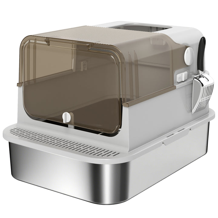 XXL Stainless Steel Cat Litter Tray, Enclosed Cat Litter Box with 90° Flip Cover, Double Doors, Scoop, Easy Clean