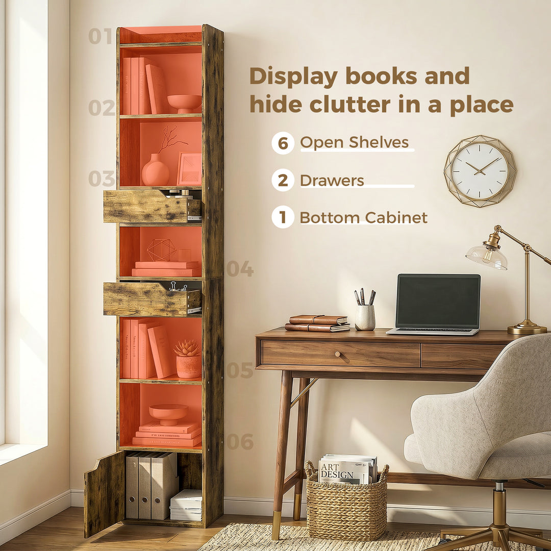 Bookcase Tall Narrow with 5 Tiers and Drawers Freestanding Bookshelf S