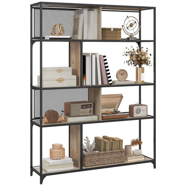 HOMCOM 5 Tier Book Shelf with Sliding Mesh Doors, Industrial Storage Shelves, Metal Shelving Unit for Living Room, Study, Bedroom, Grey Wood Grain