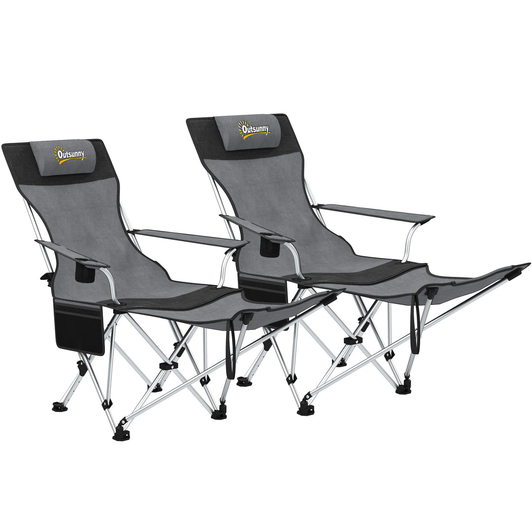 Set of 2 Reclining Folding Camping Chair w/ Detachable Footrest, Storage Bag, Cup Holder & Headrest, Lightweight Portable Camp Chair for Beach, Picnic, Grey and Black