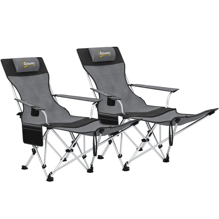 Set of 2 Reclining Folding Camping Chair w/ Detachable Footrest, Storage Bag, Cup Holder & Headrest, Lightweight Portable Camp Chair for Beach, Picnic, Grey and Black
