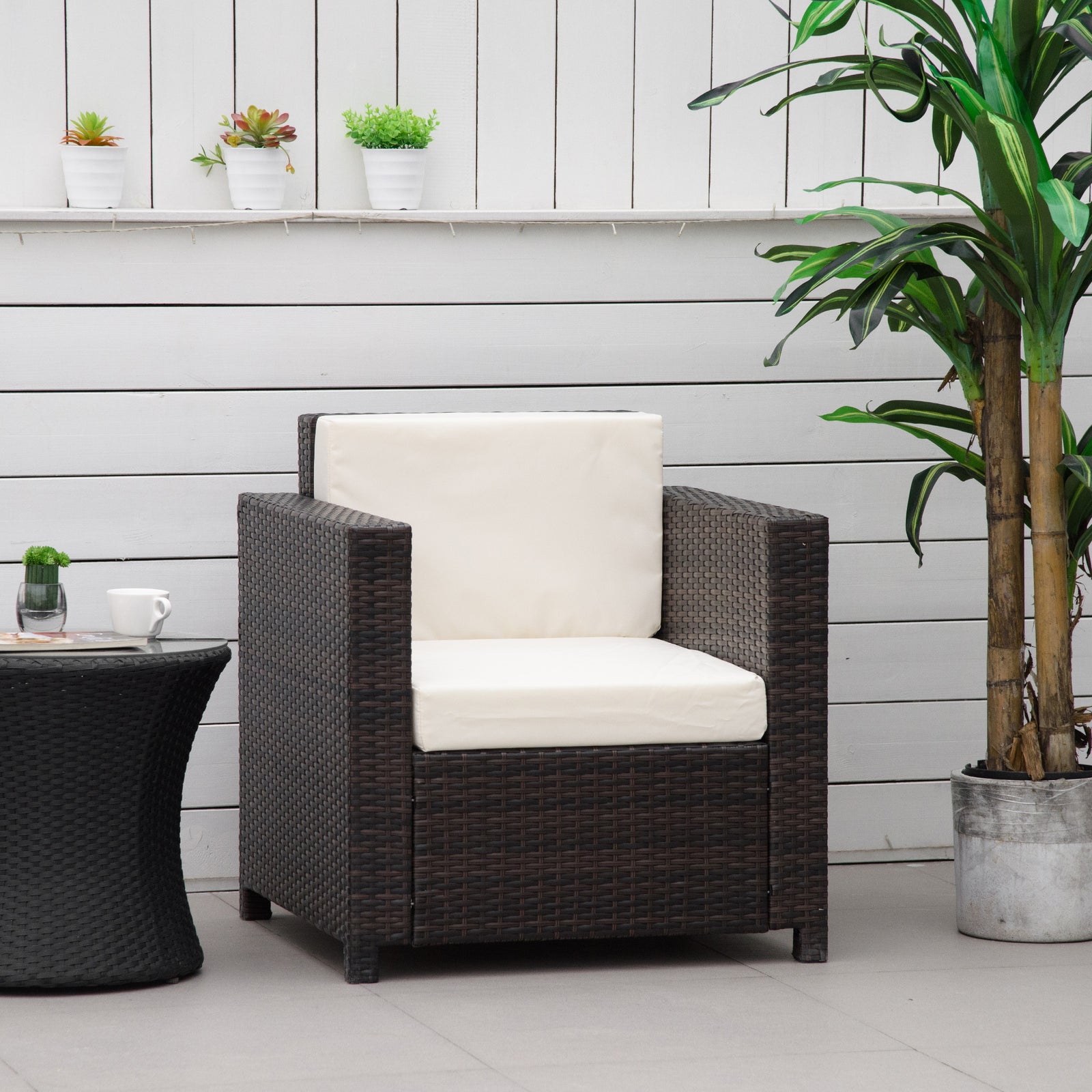 Single Seater Rattan Chair, PE Wicker Garden Armchair with 10 cm Thickened Cushion, All-Weather Rattan Garden Chair with Armrests, Brown