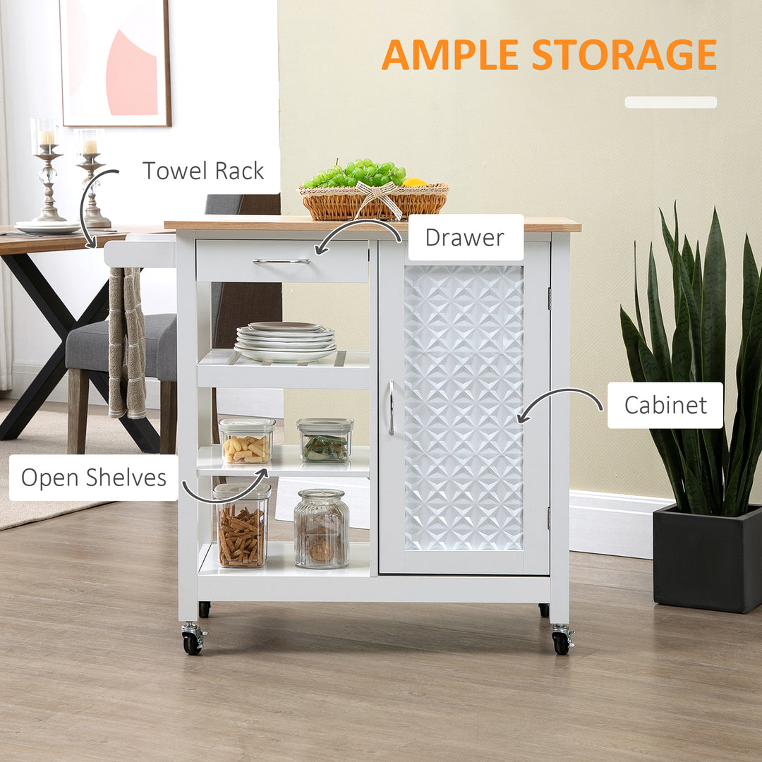 Kitchen Trolley, Kitchen Island on Wheels with Embossed Door Panel, Utility Kitchen Cart with 3 Storage Shelves, White
