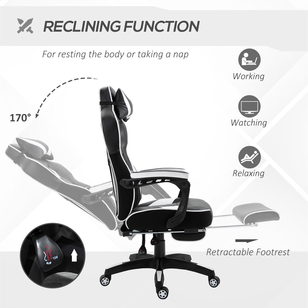 Vinsetto Racing Gaming Chair Ergonomic Office Desk Chair with Adjustable Height, Wheels, Headrest, Lumbar Support, Retractable Footrest, White
