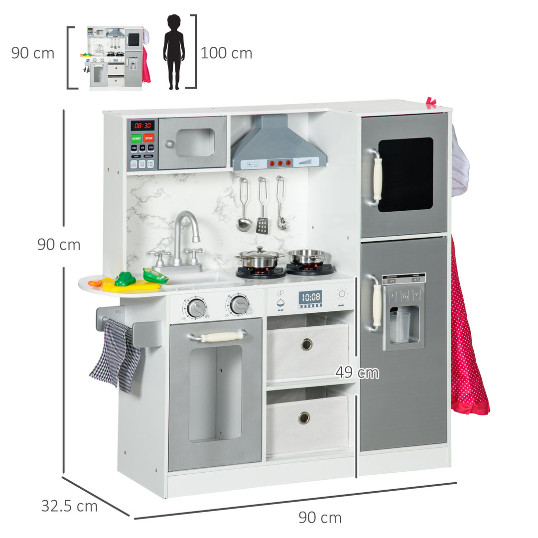 AIYAPLAY Toy Kitchen with Lights Sounds, Apron and Chef Hat, Ice Maker, Microwave, for 3