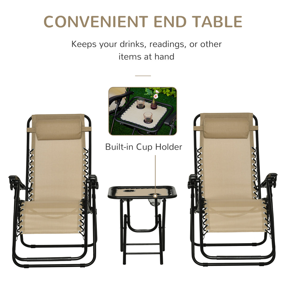 Folding Zero Gravity Chairs, 3 Pieces Adjustable Sun Lounger and Table Set with Cup Holder and Headrest, Patio Bistro Set with Reclining Garden Chairs for Outdoor, Beige