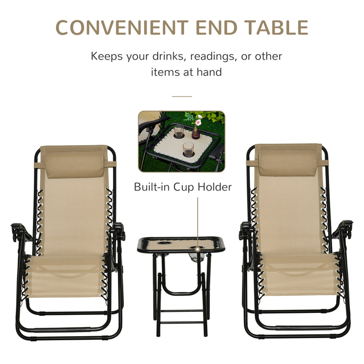 Folding Zero Gravity Chairs, 3 Pieces Adjustable Sun Lounger and Table Set with Cup Holder and Headrest, Patio Bistro Set with Reclining Garden Chairs for Outdoor, Beige