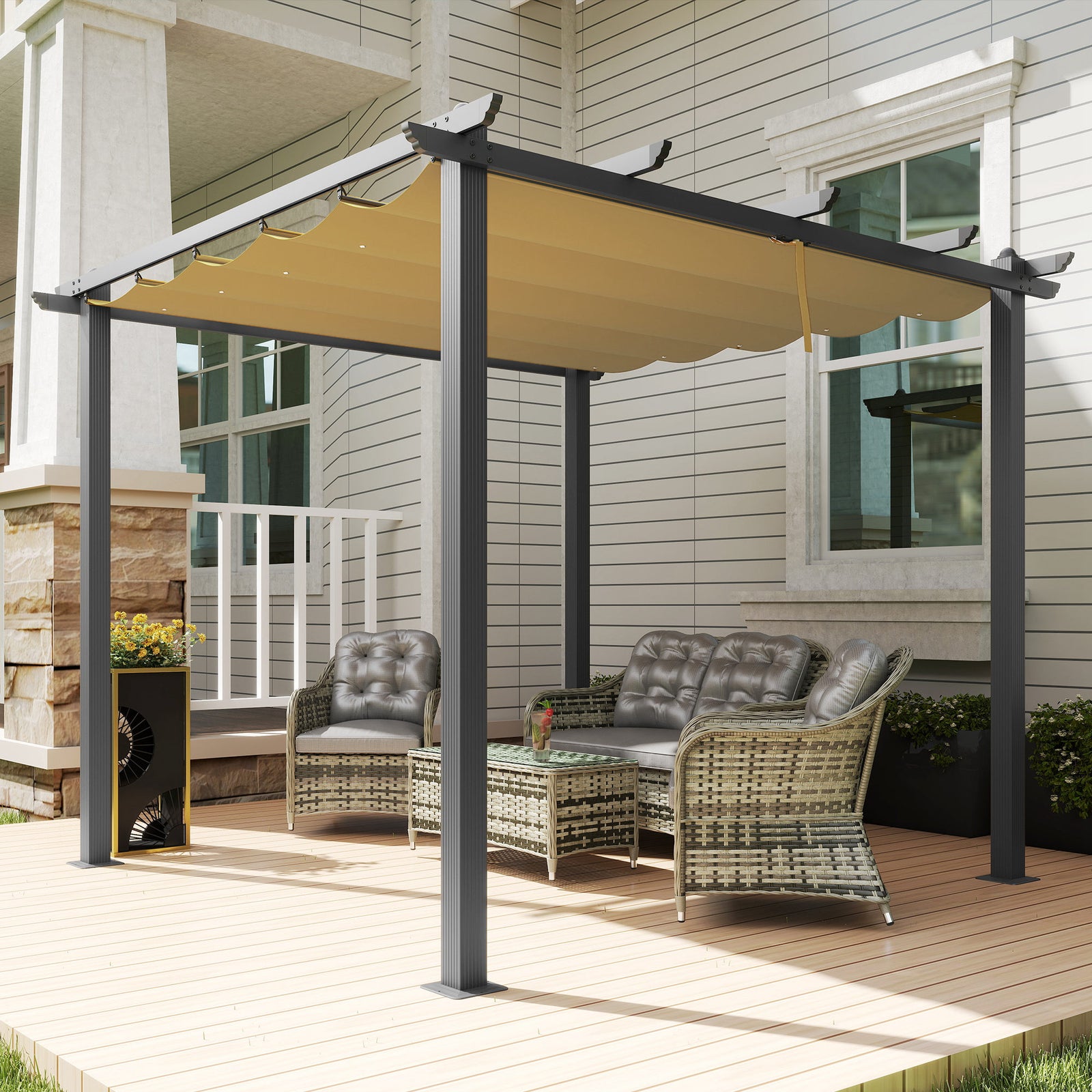 3 x 3m Aluminium Pergola, with Retractable Roof - Khaki