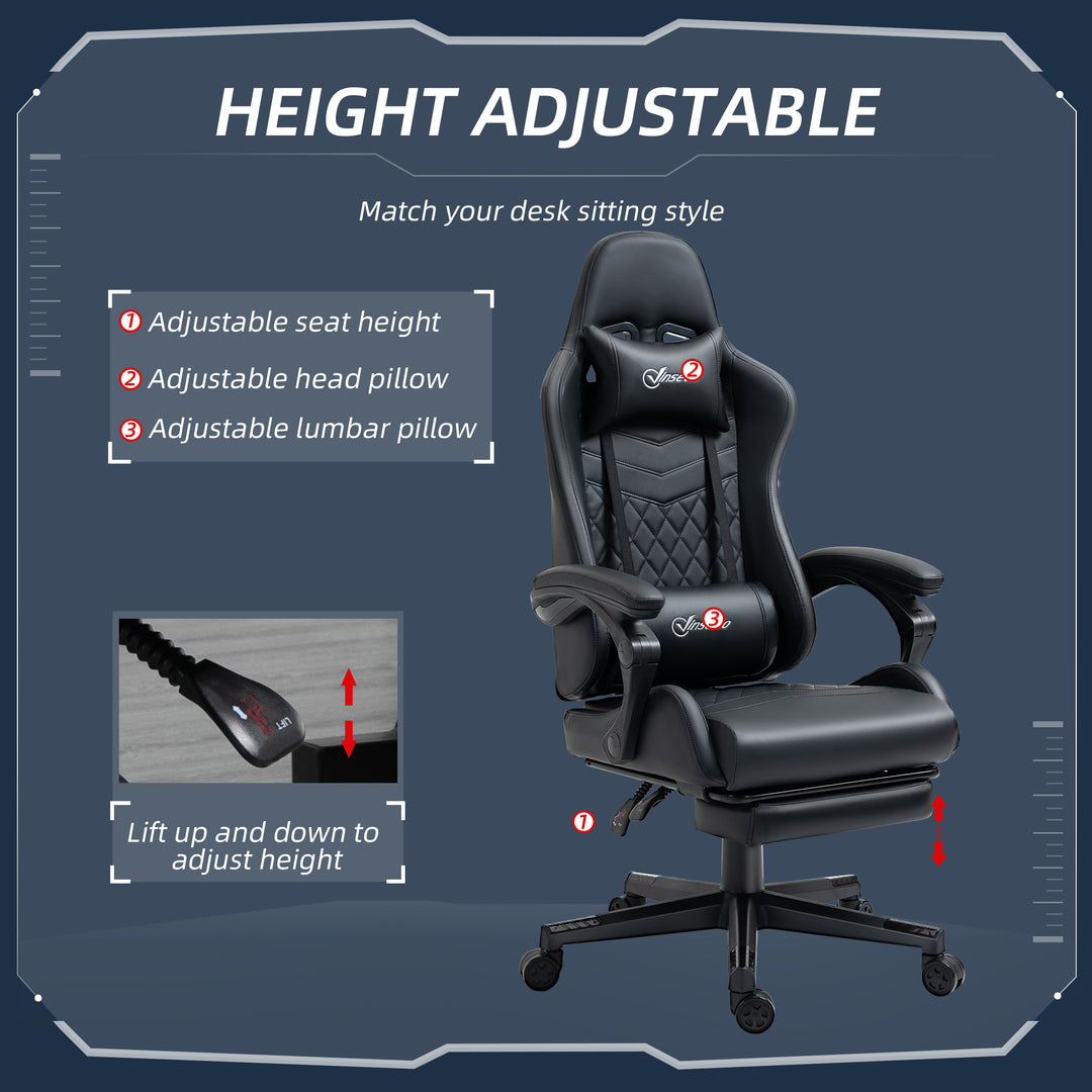 Computer Gaming Chair with Footrest, Video Gaming Chair for Adults with 130° Reclining Back, Desk Chair with Lumbar Support and Adjustable Height, Black