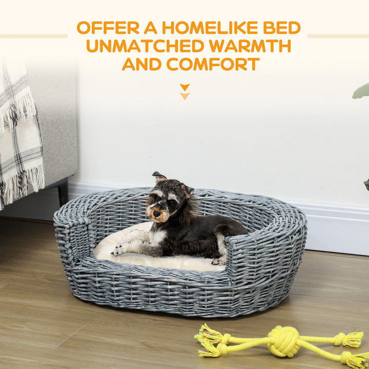 Wicker Pet Bed Willow Dog Cat Sofa Couch Puppy Basket with Cushion Grey 57L x 46W x 17.5H cm