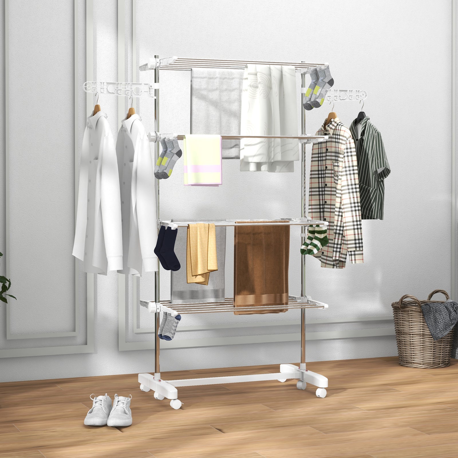 Four-Shelf Collapsing Clothes Horse, With Side Arms and Wheels - White