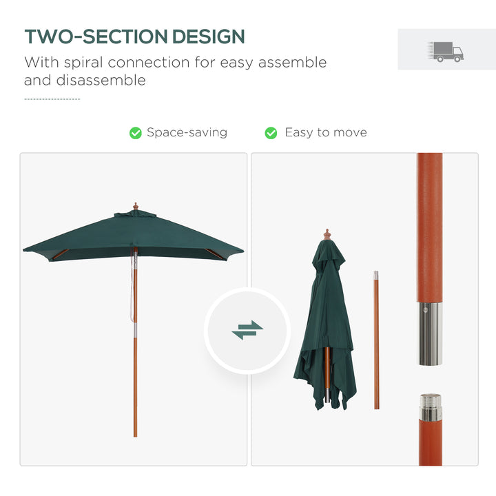 2m x 1.5m Garden Parasol Umbrella with Tilting Sunshade Canopy, Outdoor Market Table Umbrella with Wood and Bamboo Frame, Green