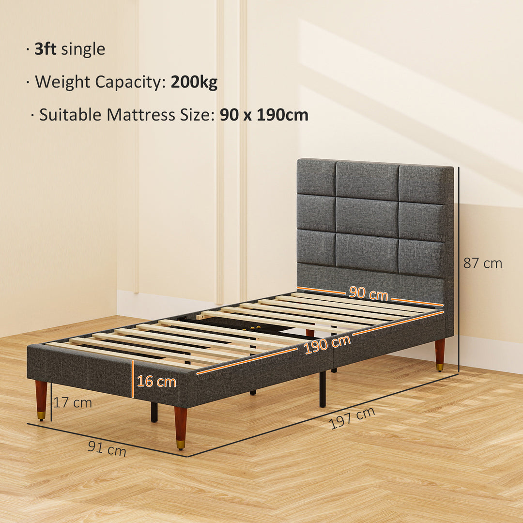 Upholstered Single Bed Frame, with Slats - Grey