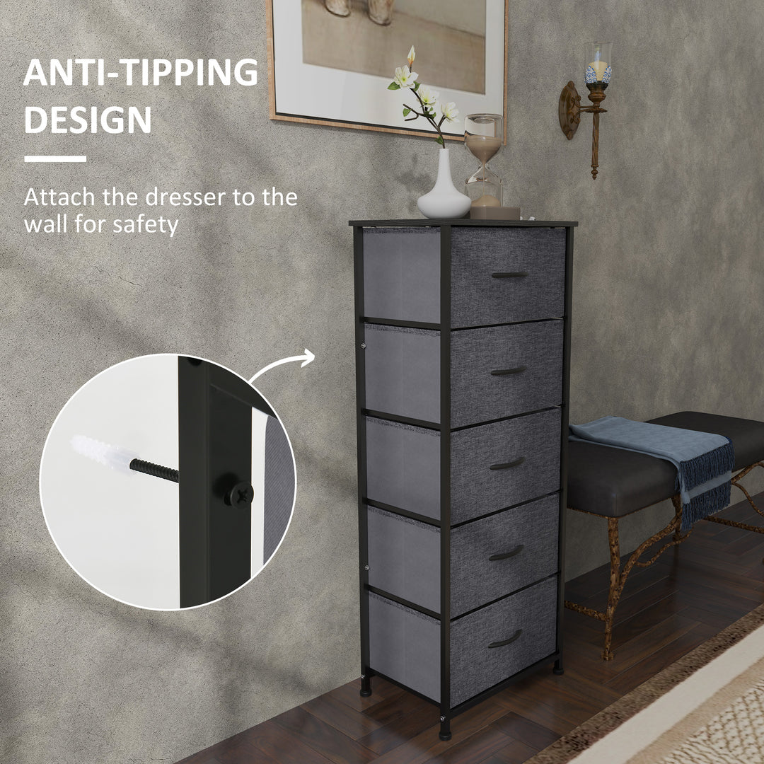 Fabric Chest of Drawers, Industrial Bedroom Dresser with 5 Fabric Drawers, Steel Frame and Wooden Top for Nursery, Living Room, Hallway, Dark Grey