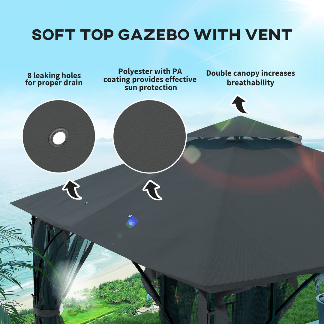 3 x 3m Garden Gazebo Patio Party Tent Shelter Outdoor Canopy Double Tier Sun Shade with Metal Frame and Netting, Dark Grey