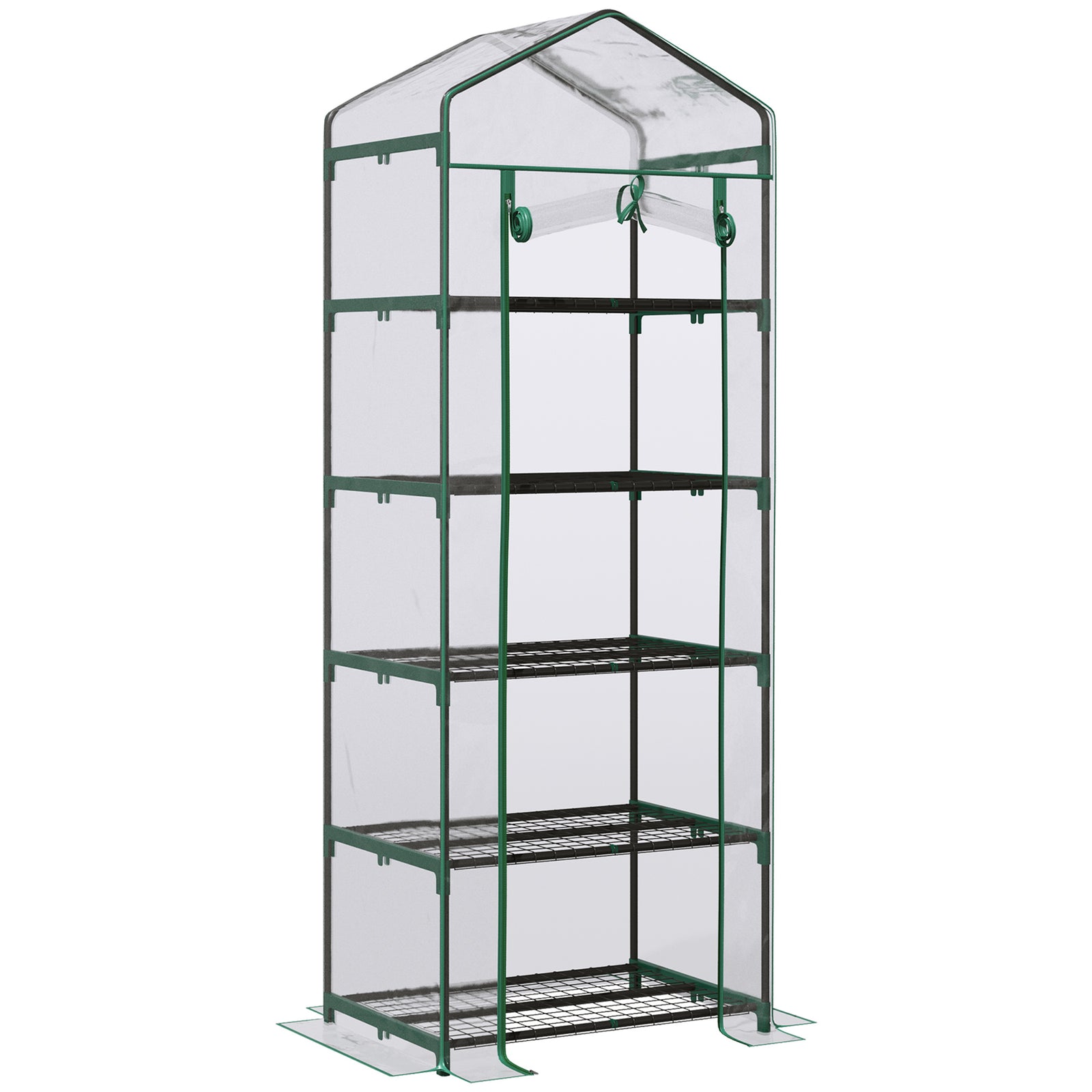 5 Tier Mini Greenhouse, Small Walk-in Greenhouse with Reinforced Plastic Cover, Garden Grow House with Roll Up Door and Shelves, 69 x 49 x 193cm, Green