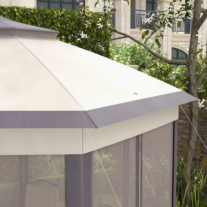 3 x 4m Garden Gazebo Hexagon Pop Up Gazebo Party Tent Canopy Double Roof Instant Shelter with Netting and Carry Bag for Outdoor Patio, Beige