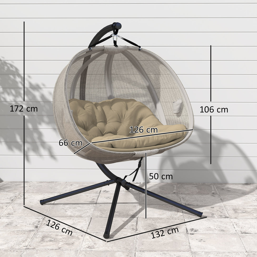 Double Hanging Egg Chair 2 Seaters Texteline Swing Hammock Chair with Stand, Cushion and Folding Design, for Indoor and Outdoor, Brown