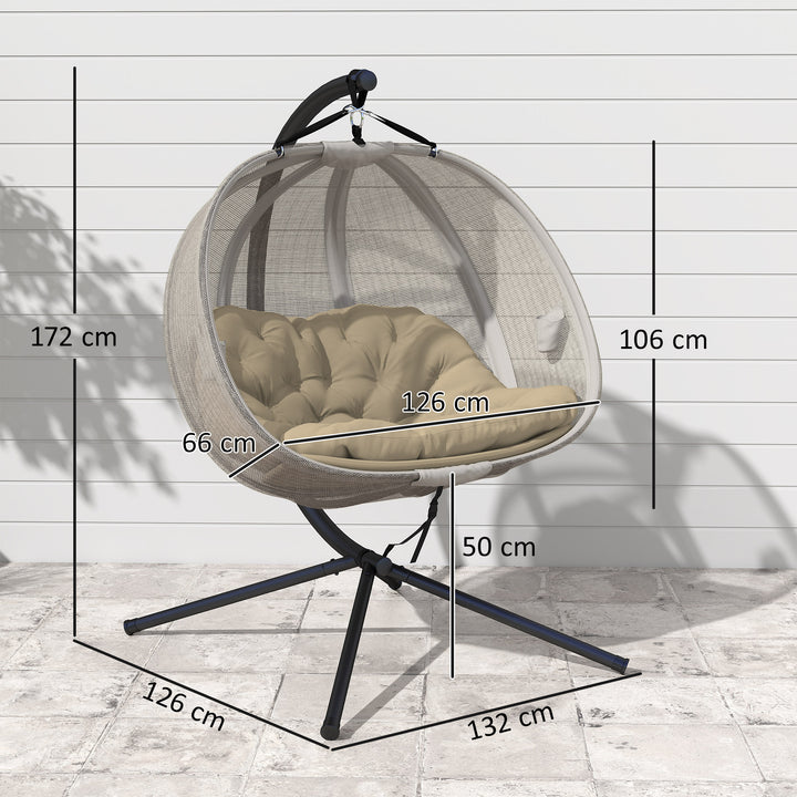 Double Hanging Egg Chair 2 Seaters Texteline Swing Hammock Chair with Stand, Cushion and Folding Design, for Indoor and Outdoor, Brown