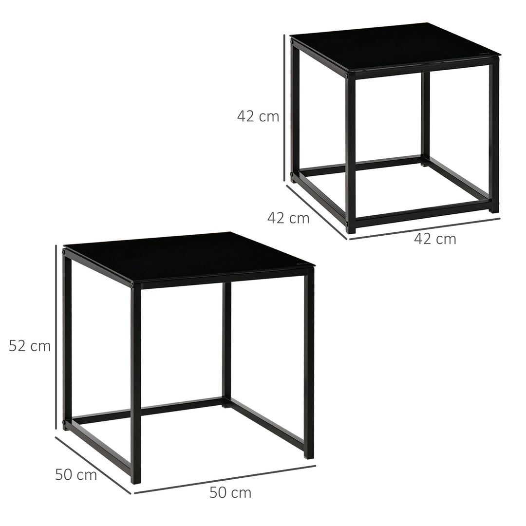 HOMCOM Set of 2 Nesting Side Tables, Modern Bedside Tables with Tempered Glass Top for Living Room, Bedroom, Office, Black