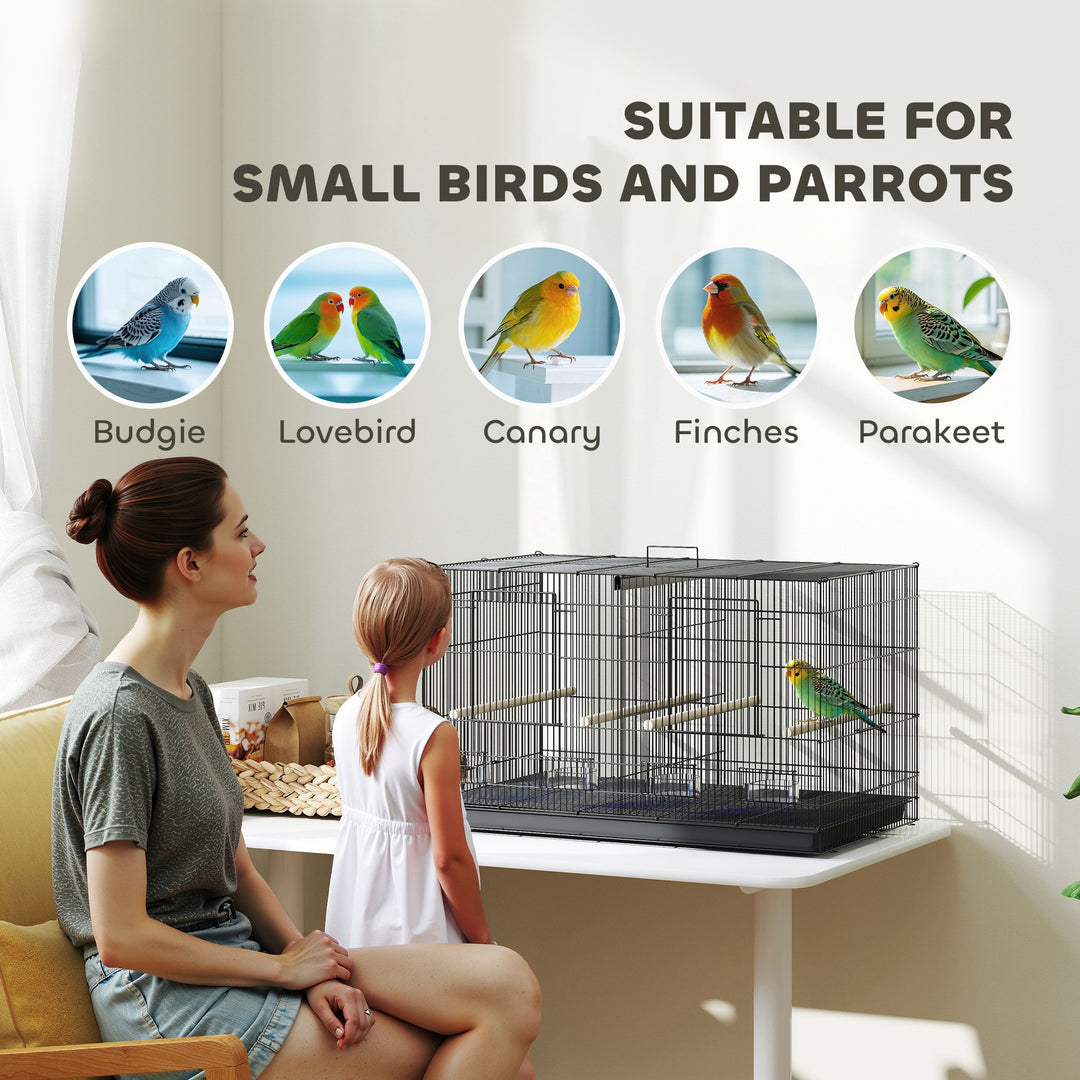 Bird Cage with Divider, 4 Wooden Perches, Slide Out Tray, 4 Feeders, for Budgie, Lovebird, Canary, 76 x 46 x 46cm, Black