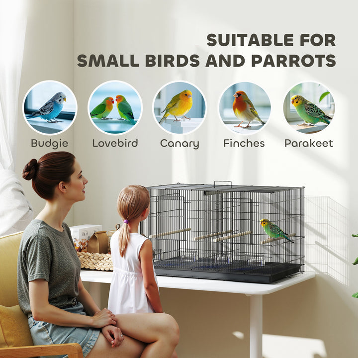 Bird Cage with Divider, 4 Wooden Perches, Slide Out Tray, 4 Feeders, for Budgie, Lovebird, Canary, 76 x 46 x 46cm, Black